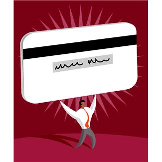 man holding up credit card