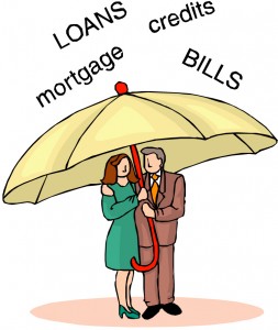 Couple using umbrella as shelter from debts