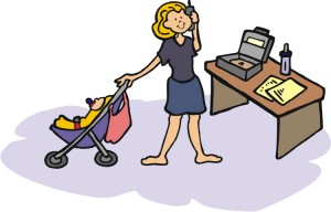 Woman working at home with baby in stroller