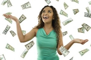 happy woman with raining money