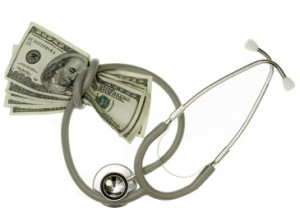 Stethoscope strangling money as in medical bills