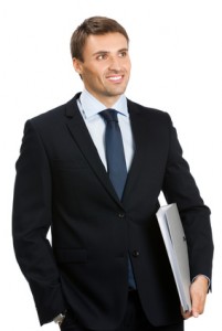 Business man with folder, on white