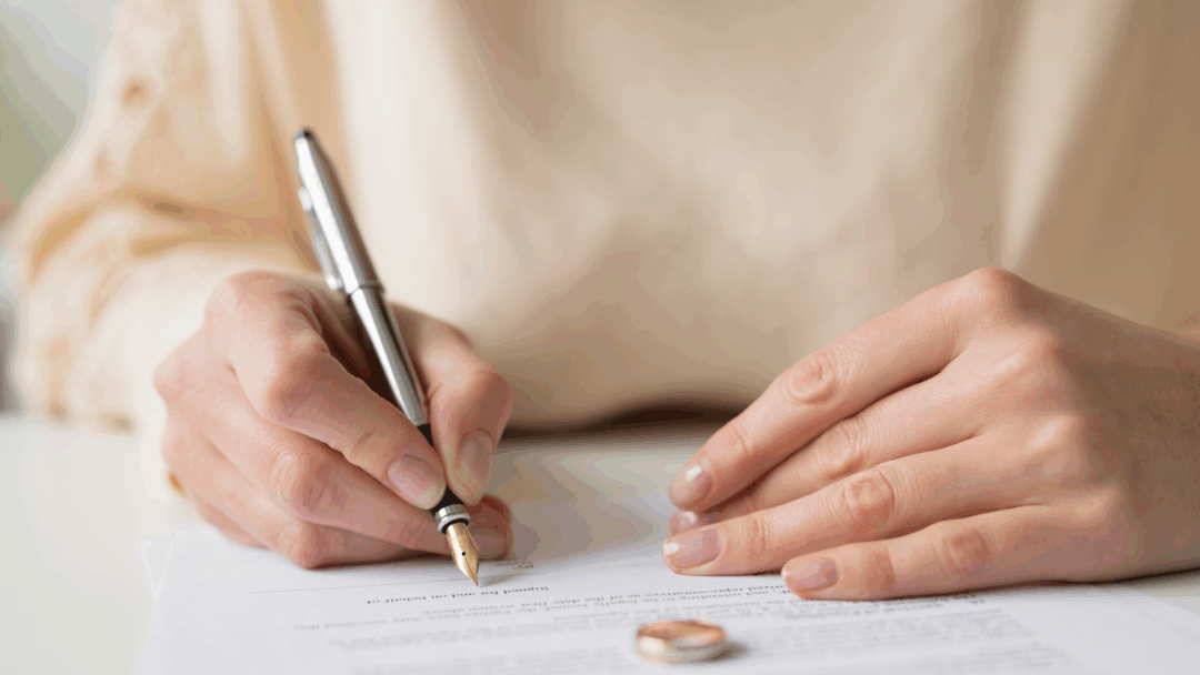 Hands holding a pen and signing legal paperwork, with a wedding ring resting on the paper.