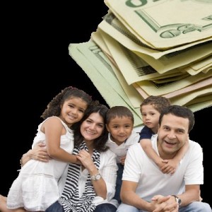 smiling family with cash at the background