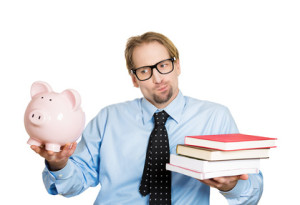 Man holding piggy bank and books. Cost, value of education