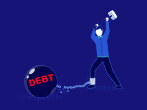 grapihc of man breaking chain of debt