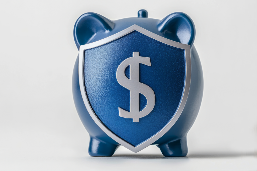 Blue piggy bank with a shield and dollar sign symbol on the front