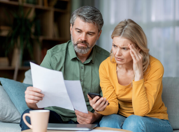 Two adults examine a document together at home, appearing worried as they check information on a phone.