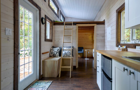 Interior of a small, modern tiny house with a loft ladder, wood-paneled walls, and a compact kitchen.