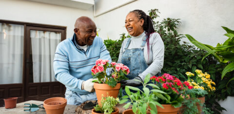 Older couple smiling while gardening together on a patio surrounded by colorful potted flowers and plants.