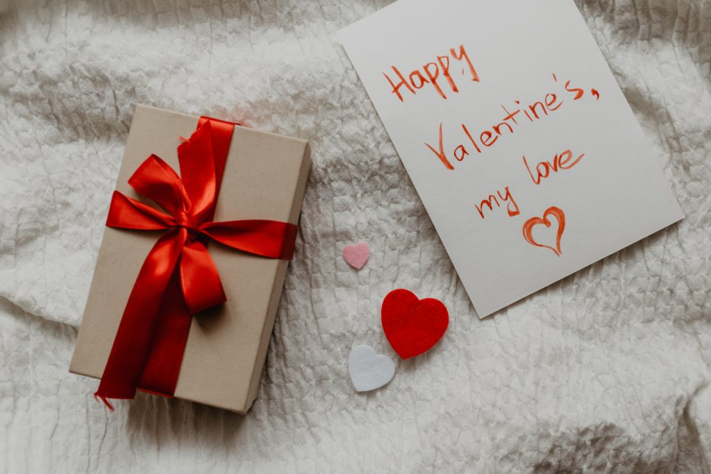 A DIY Valentine's Day gift with a card saying "Happy Valentine's Day, my love"