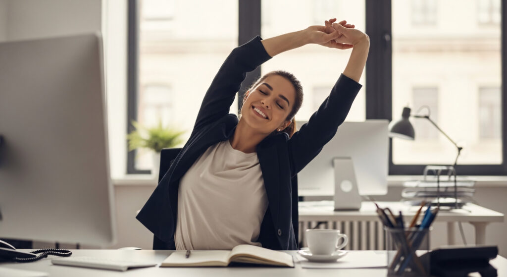 Woman stretching at her desk in an office while taking a break from working on her computer.