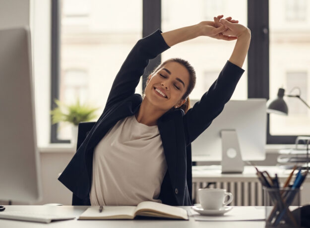 Woman stretching at her desk in an office while taking a break from working on her computer.