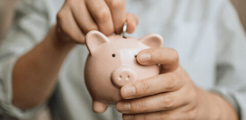 Female hands hold a pink piggy bank to save money.