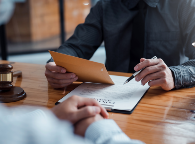 Lawyer reviewing a legal document with a client, holding an envelope and a pen at a wooden desk.