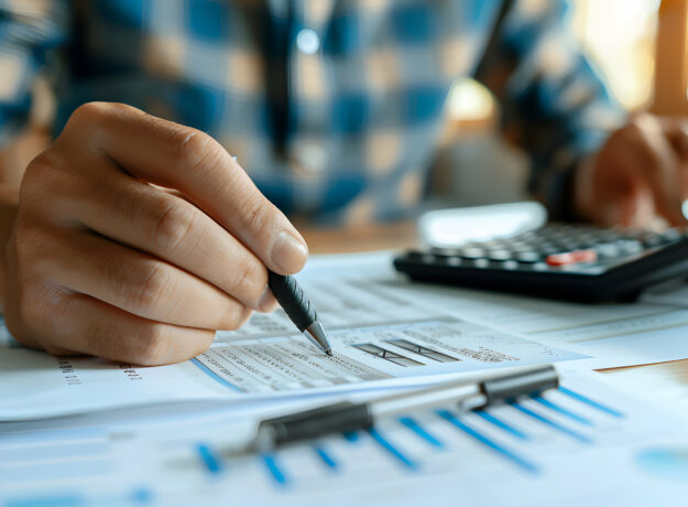Close-up of a person analyzing financial documents with a pen and calculator.