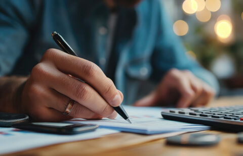 Close-up of a person’s hand writing on financial documents with a pen, with a calculator and phone on the desk.