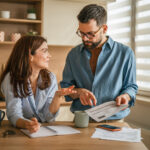 Couple reviewing household bills and budgeting together at a kitchen table with paperwork, coffee mugs, and a piggy bank nearby.