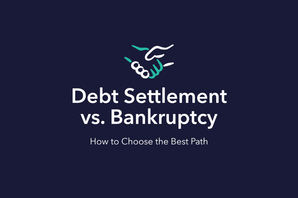 Illustration of a handshake above the text “Debt Settlement vs. Bankruptcy: How to Choose the Best Path” on a dark background.