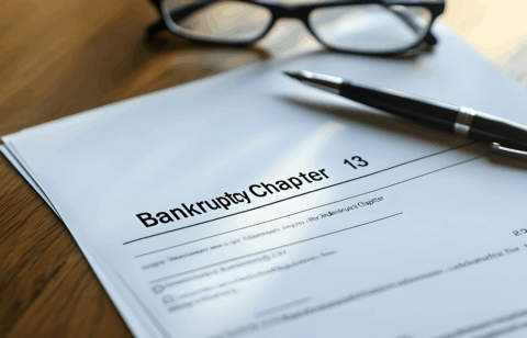 Close-up of Chapter 13 bankruptcy paperwork on a desk with a pen and eyeglasses.