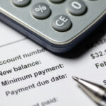 Close-up of a calculator on top of a billing statement showing account balance, minimum payment, and payment due date.