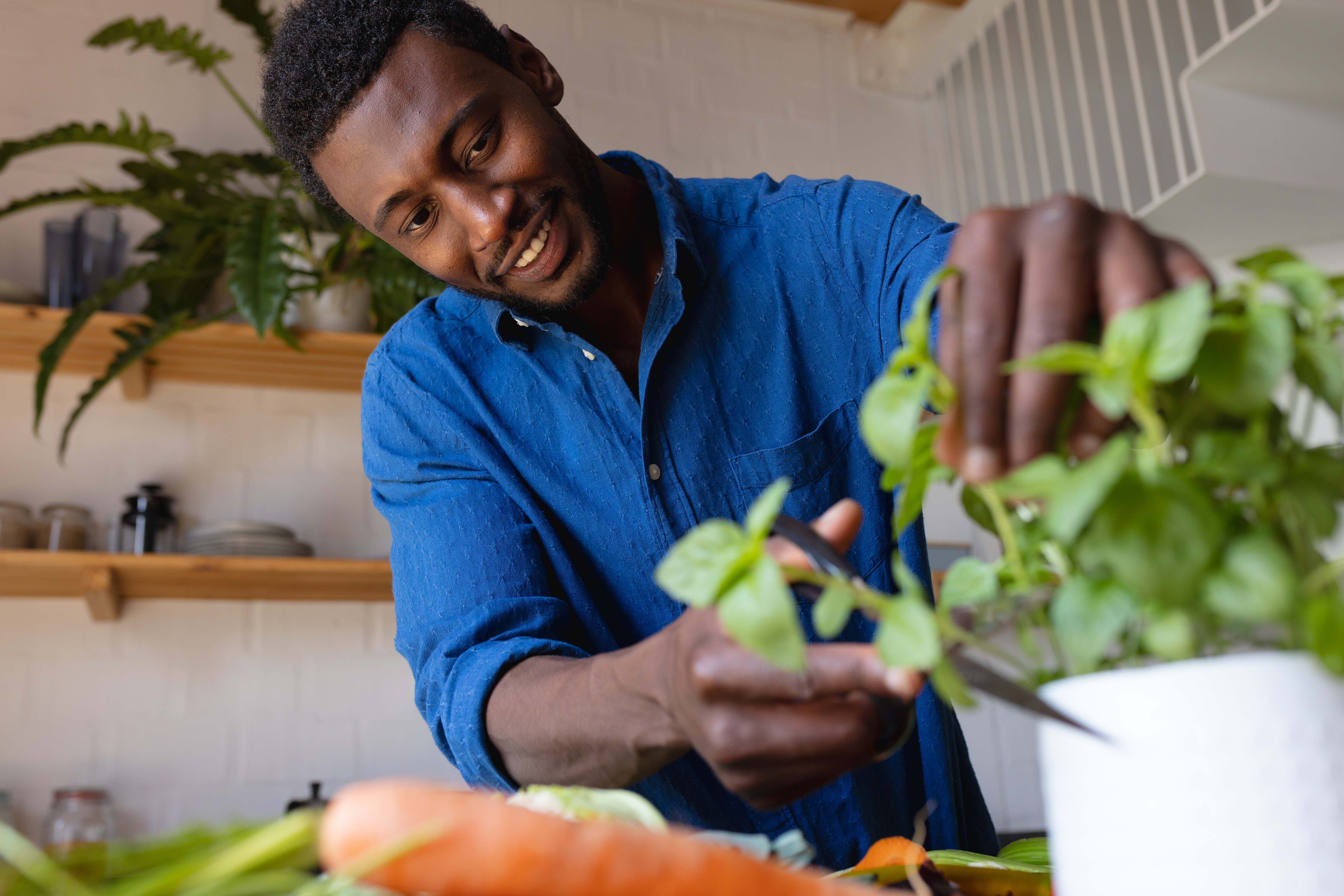 Smiling man in a blue shirt trimming fresh herbs in a kitchen with vegetables on the counter.