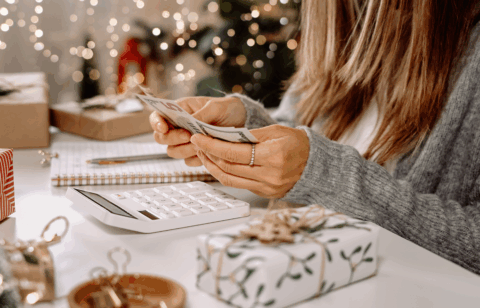 Woman counting cash while planning a holiday budget with gifts and decorations on the table.