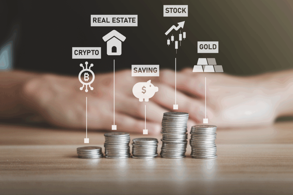 Stacks of coins representing different investment types, including crypto, real estate, savings, stocks, and gold.