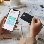 Hands hold a smartphone showing a bank statement and a credit card above a table covered with bills, receipts, and a handwritten budget.