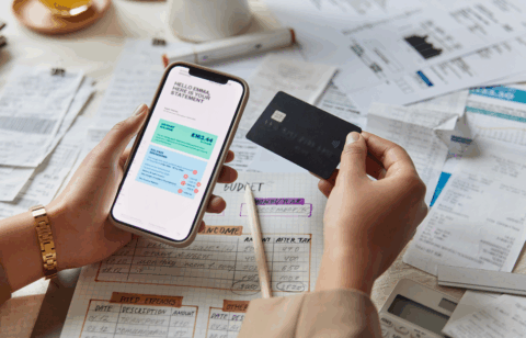 Hands hold a smartphone showing a bank statement and a credit card above a table covered with bills, receipts, and a handwritten budget.