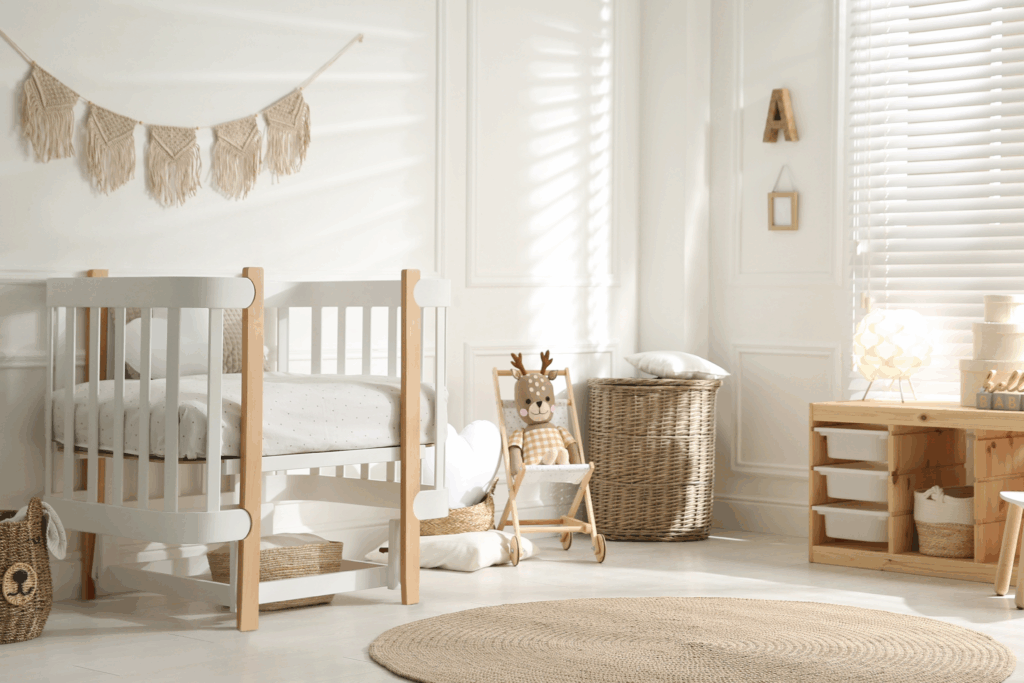 A bright nursery with a white crib, wicker baskets, a stuffed deer toy, and natural wood furniture.
