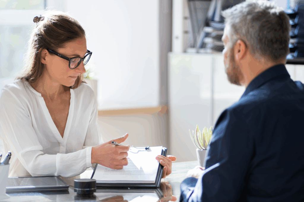 A woman wearing glasses points to a document on a clipboard while speaking with a man seated across a desk.