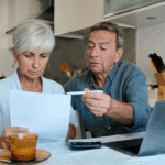 An older couple sits at a kitchen table reviewing a document together, with a laptop and calculator nearby.