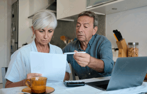 An older couple sits at a kitchen table reviewing a document together, with a laptop and calculator nearby.
