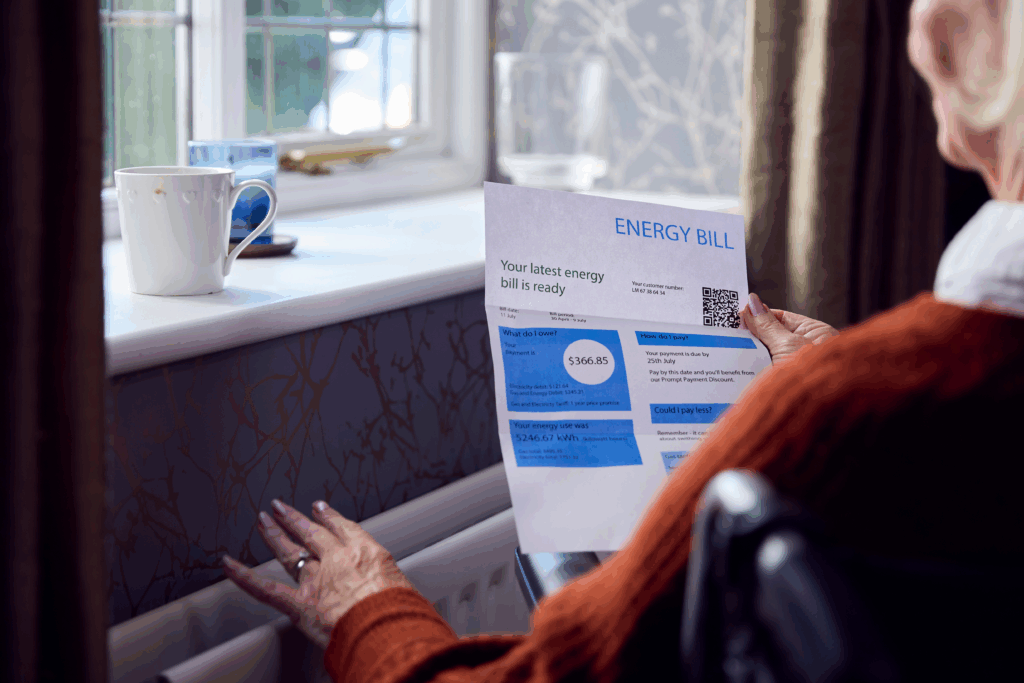 A person in a cozy room reads a printed energy bill while resting a hand on a radiator.