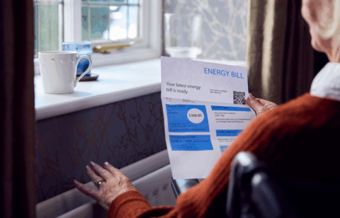A person in a cozy room reads a printed energy bill while resting a hand on a radiator.