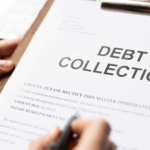A person holds a clipboard with a document labeled “Debt Collection.”