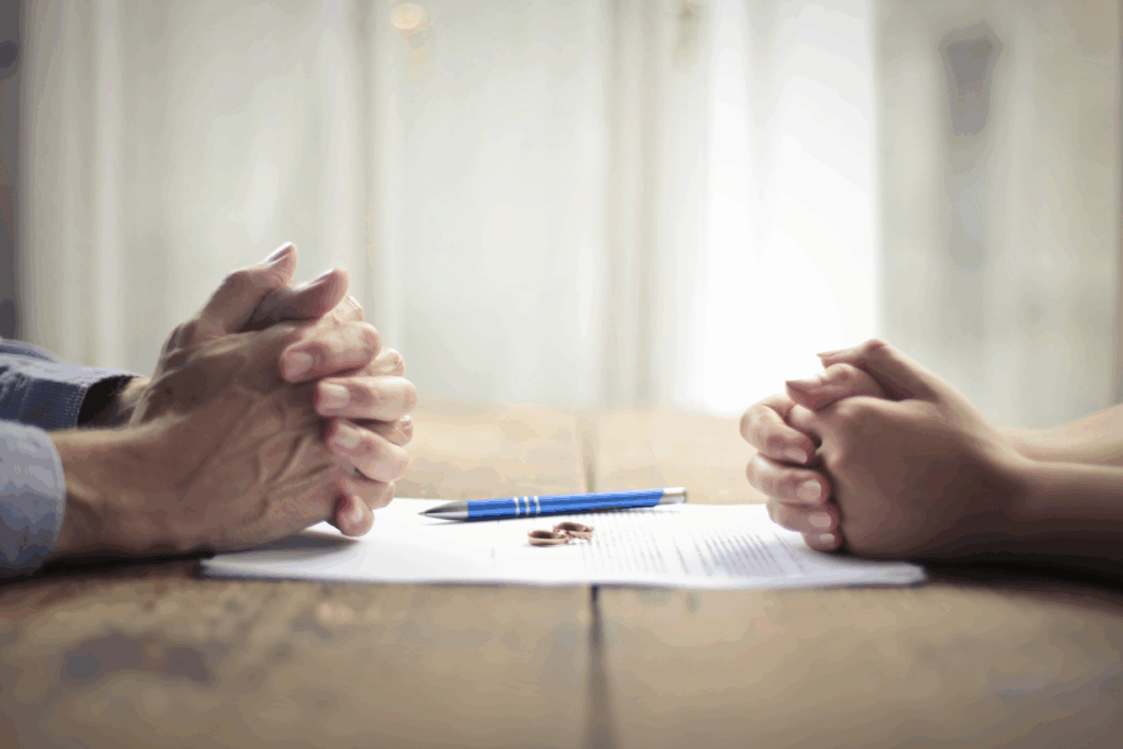 Two people sit across from each other at a table with clasped hands, a document, a pen, and wedding rings placed between them.