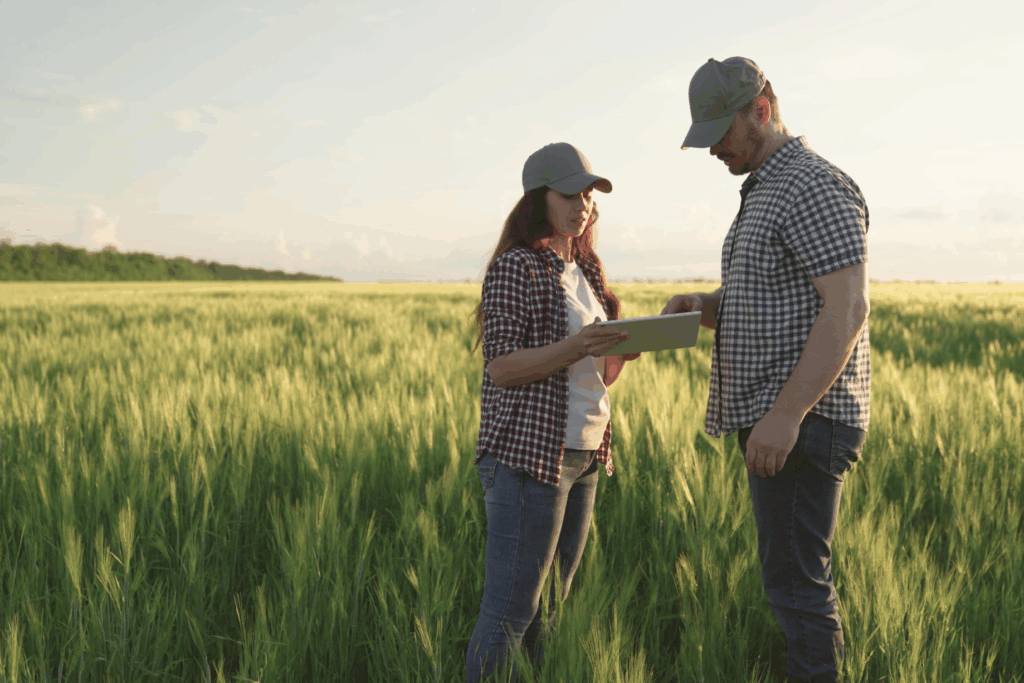 Two farmers stand in a green field reviewing information on a tablet during daylight.