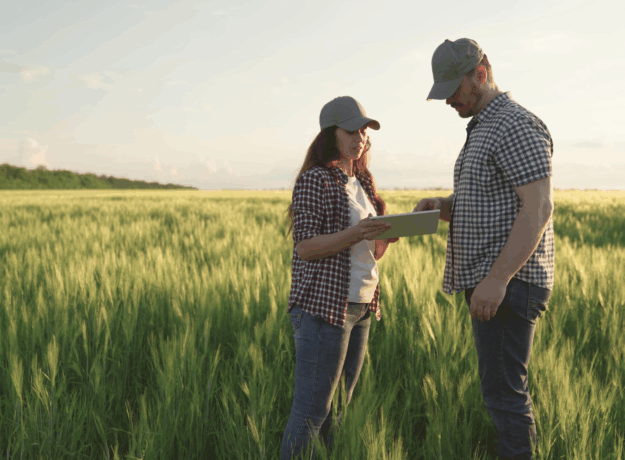Two farmers stand in a green field reviewing information on a tablet during daylight.