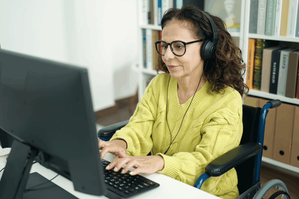 Woman wearing glasses and headphones uses a desktop computer while seated in a wheelchair in a home office.