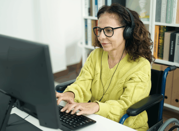 Woman wearing glasses and headphones uses a desktop computer while seated in a wheelchair in a home office.