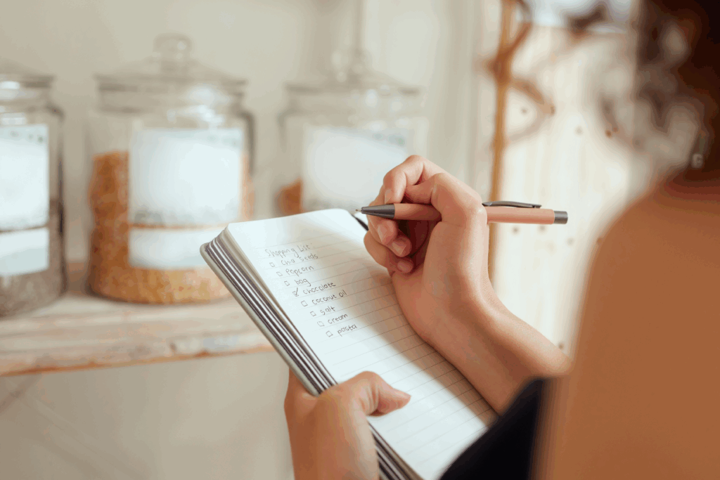 Person writing a grocery shopping list in a notebook with pantry jars in the background.