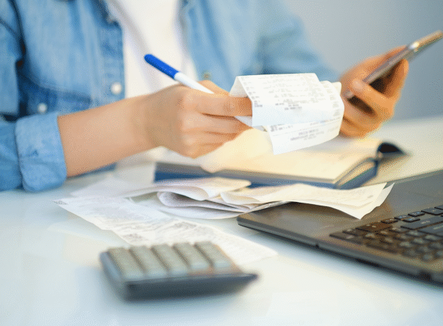 Person reviewing receipts while holding a phone, with a calculator and laptop on the desk.