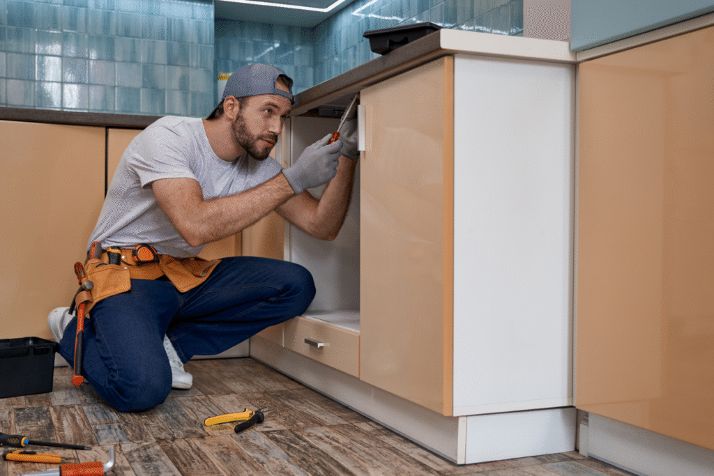 Man wearing work gloves and a tool belt repairing a kitchen cabinet with a screwdriver.