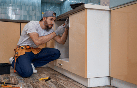 Man wearing work gloves and a tool belt repairing a kitchen cabinet with a screwdriver.