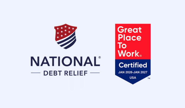 National Debt Relief logo displayed next to a Great Place To Work Certified badge for January 2026 through January 2027.