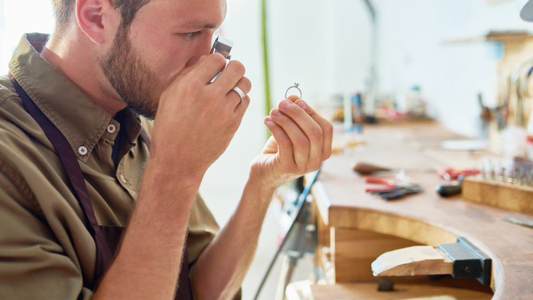 Man inspecting a ring closely using a jeweler’s loupe in a jewelry workshop.