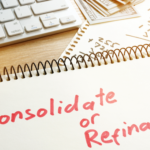 Notebook with the words “Consolidate or Refinance” written in red marker, next to a calculator, keyboard, and cash on a desk.