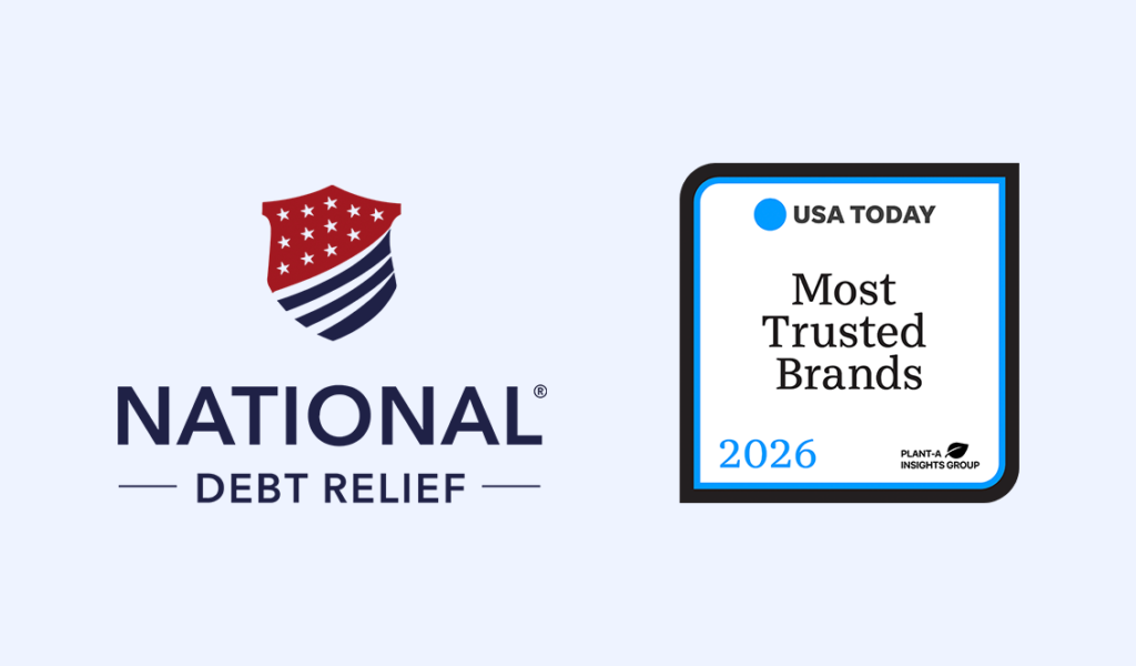 National Debt Relief logo displayed next to a USA Today “Most Trusted Brands 2026” badge